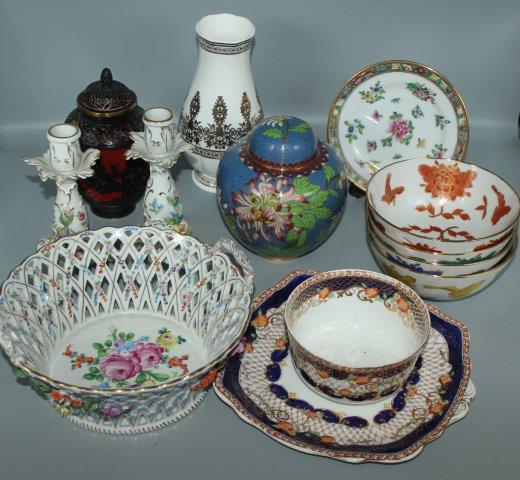 Dresden basket & candlesticks & mixed Oriental and other ceramics